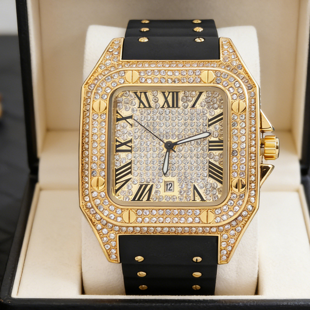 Luxury Watch With Rubber Strap - Hip Hop Iced Out Bling Square